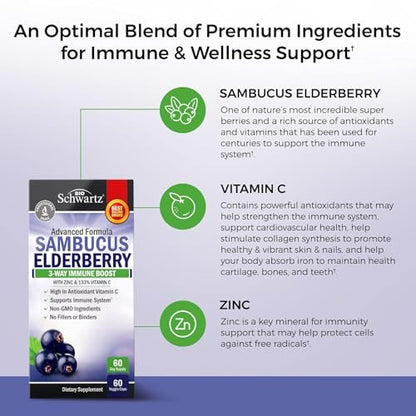 BioSchwartz Holunderbeeren Kapseln mit Zink und Vitamin C für Erwachsene - Immununterstützung für Frauen und Männer - Schwarzer Sambucus Holunderbeeren Vitamin C und Zink - Immunabwehr Multimineral Ergänzung, 60 Kapseln