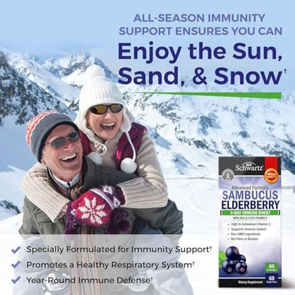 BioSchwartz Holunderbeeren Kapseln mit Zink und Vitamin C für Erwachsene - Immununterstützung für Frauen und Männer - Schwarzer Sambucus Holunderbeeren Vitamin C und Zink - Immunabwehr Multimineral Ergänzung, 60 Kapseln