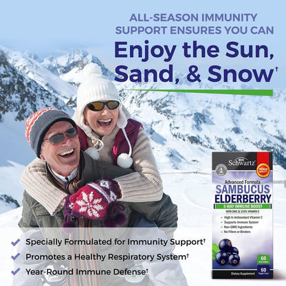 BioSchwartz Holunderbeeren Kapseln mit Zink und Vitamin C für Erwachsene - Immununterstützung für Frauen und Männer - Schwarzer Sambucus Holunderbeeren Vitamin C und Zink - Immunabwehr Multimineral Ergänzung, 60 Kapseln