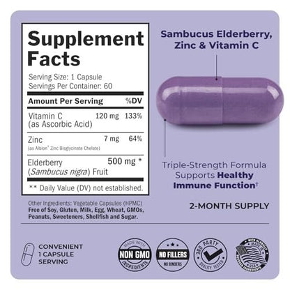 BioSchwartz Holunderbeeren Kapseln mit Zink und Vitamin C für Erwachsene - Immununterstützung für Frauen und Männer - Schwarzer Sambucus Holunderbeeren Vitamin C und Zink - Immunabwehr Multimineral Ergänzung, 60 Kapseln