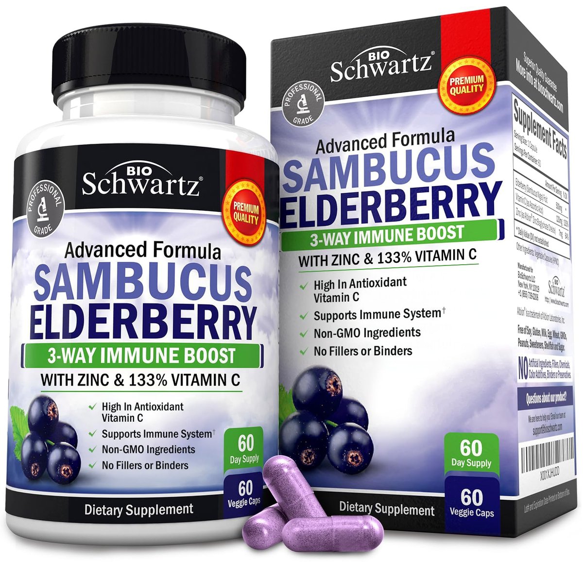 BioSchwartz Holunderbeeren Kapseln mit Zink und Vitamin C für Erwachsene - Immununterstützung für Frauen und Männer - Schwarzer Sambucus Holunderbeeren Vitamin C und Zink - Immunabwehr Multimineral Ergänzung, 60 Kapseln