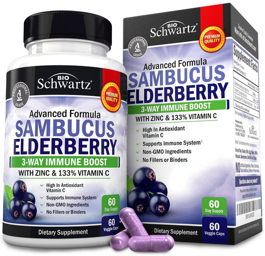 BioSchwartz Holunderbeeren Kapseln mit Zink und Vitamin C für Erwachsene - Immununterstützung für Frauen und Männer - Schwarzer Sambucus Holunderbeeren Vitamin C und Zink - Immunabwehr Multimineral Ergänzung, 60 Kapseln