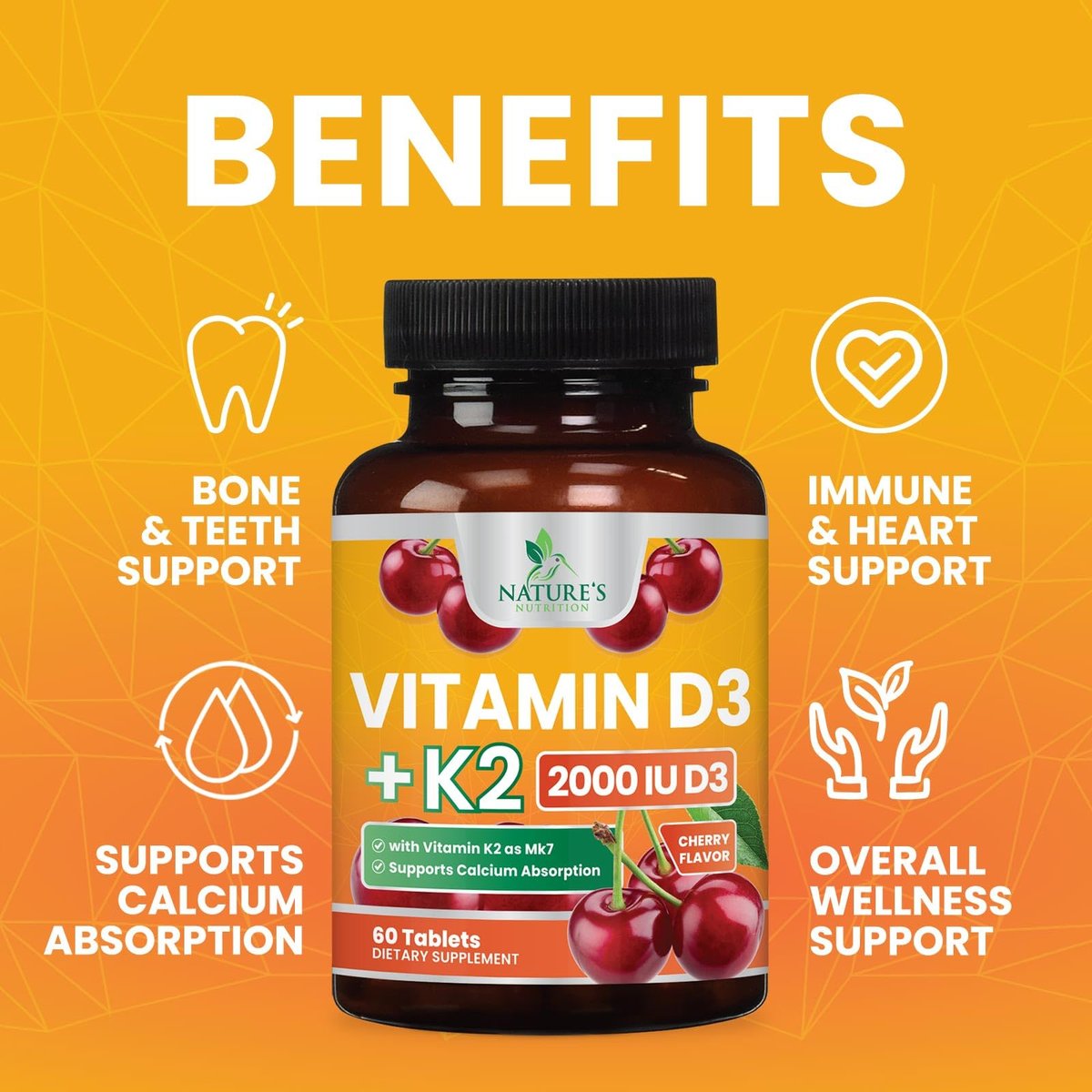 Vitamin D 2000 IE 50 µg pro Tablette - Vitamin D3 & K2 (MK7) Komplex für Knochen, Zähne, Muskeln, Calciumaufnahme, Unterstützt Immun- und Herzgesundheit, Kaubare Formel, in den USA abgefüllt - 60 Tabletten
