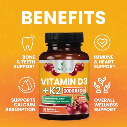Vitamin D 2000 IE 50 µg pro Tablette - Vitamin D3 & K2 (MK7) Komplex für Knochen, Zähne, Muskeln, Calciumaufnahme, Unterstützt Immun- und Herzgesundheit, Kaubare Formel, in den USA abgefüllt - 60 Tabletten