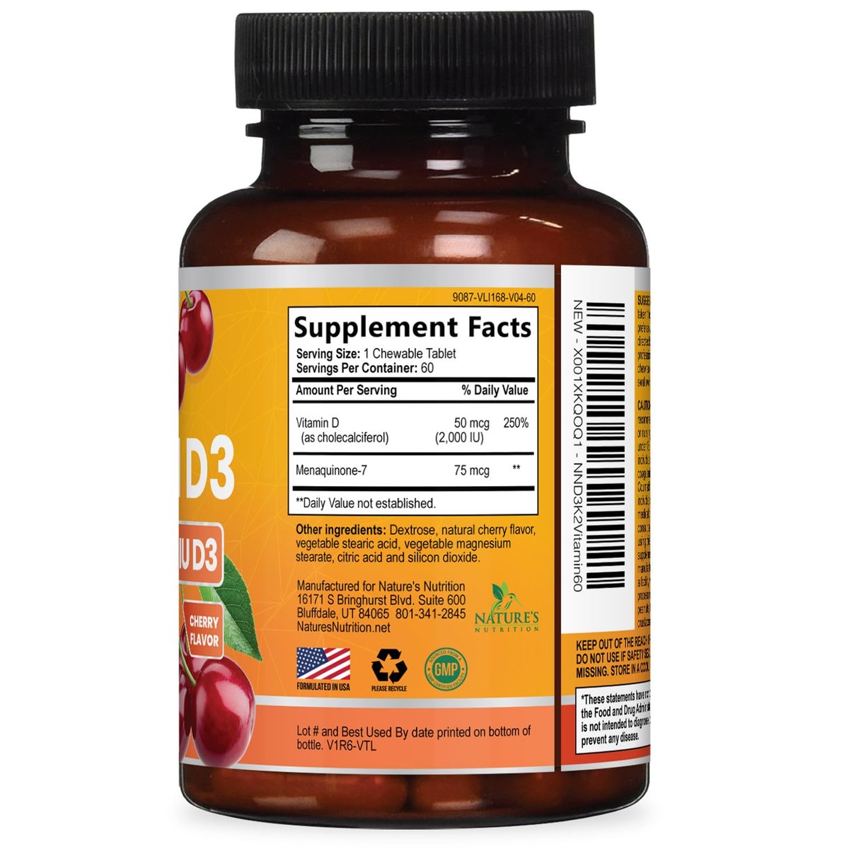 Vitamin D 2000 IE 50 µg pro Tablette - Vitamin D3 & K2 (MK7) Komplex für Knochen, Zähne, Muskeln, Calciumaufnahme, Unterstützt Immun- und Herzgesundheit, Kaubare Formel, in den USA abgefüllt - 60 Tabletten