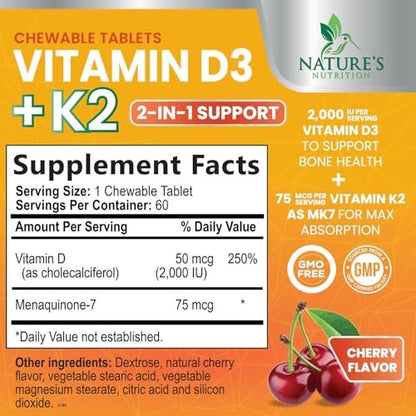 Vitamin D 2000 IE 50 µg pro Tablette - Vitamin D3 & K2 (MK7) Komplex für Knochen, Zähne, Muskeln, Calciumaufnahme, Unterstützt Immun- und Herzgesundheit, Kaubare Formel, in den USA abgefüllt - 60 Tabletten