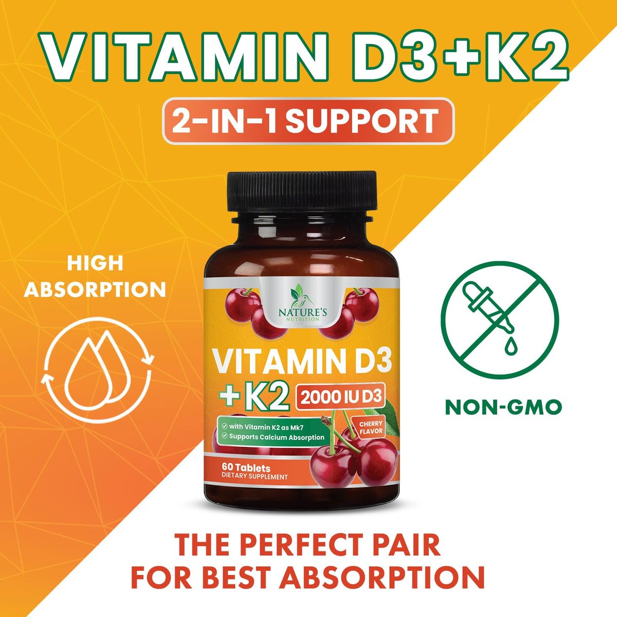 Vitamin D 2000 IE 50 µg pro Tablette - Vitamin D3 & K2 (MK7) Komplex für Knochen, Zähne, Muskeln, Calciumaufnahme, Unterstützt Immun- und Herzgesundheit, Kaubare Formel, in den USA abgefüllt - 60 Tabletten
