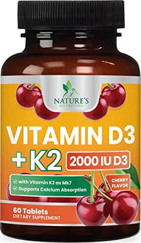 Vitamin D 2000 IE 50 µg pro Tablette - Vitamin D3 & K2 (MK7) Komplex für Knochen, Zähne, Muskeln, Calciumaufnahme, Unterstützt Immun- und Herzgesundheit, Kaubare Formel, in den USA abgefüllt - 60 Tabletten