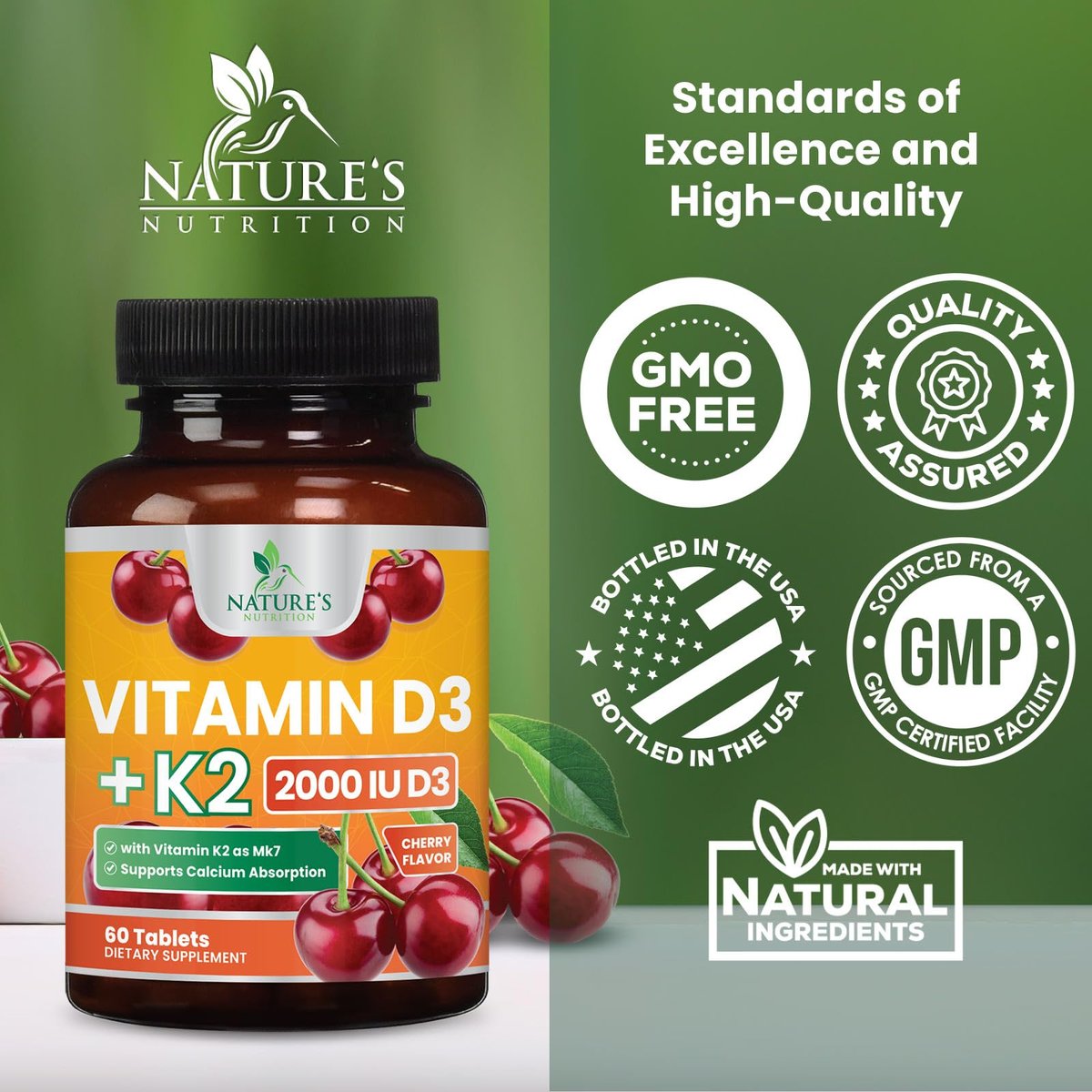 Vitamin D 2000 IE 50 µg pro Tablette - Vitamin D3 & K2 (MK7) Komplex für Knochen, Zähne, Muskeln, Calciumaufnahme, Unterstützt Immun- und Herzgesundheit, Kaubare Formel, in den USA abgefüllt - 60 Tabletten