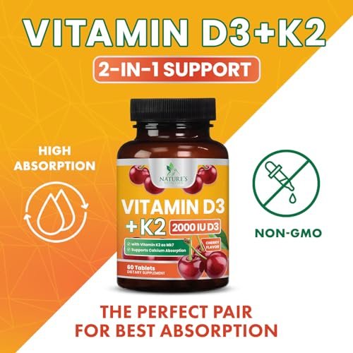 Vitamin D 2000 IE 50 µg pro Tablette - Vitamin D3 & K2 (MK7) Komplex für Knochen, Zähne, Muskeln, Calciumaufnahme, Unterstützt Immun- und Herzgesundheit, Kaubare Formel, in den USA abgefüllt - 60 Tabletten