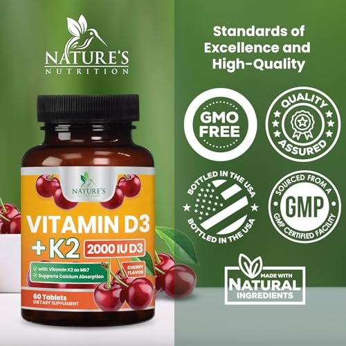 Vitamin D 2000 IE 50 µg pro Tablette - Vitamin D3 & K2 (MK7) Komplex für Knochen, Zähne, Muskeln, Calciumaufnahme, Unterstützt Immun- und Herzgesundheit, Kaubare Formel, in den USA abgefüllt - 60 Tabletten