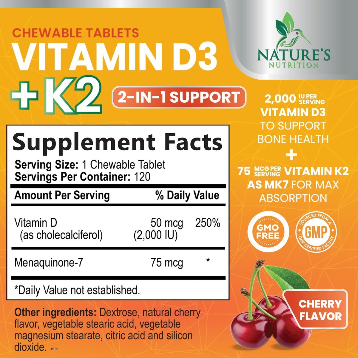 Vitamin D 2000 IE + K2 (MK7) Komplex – 120 Kautabletten für Knochen, Zähne, Muskeln, Kalziumaufnahme, Immunsystem & Herzgesundheit