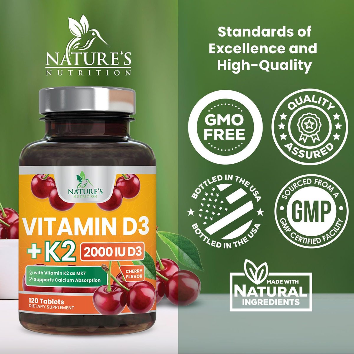 Vitamin D 2000 IE + K2 (MK7) Komplex – 120 Kautabletten für Knochen, Zähne, Muskeln, Kalziumaufnahme, Immunsystem & Herzgesundheit