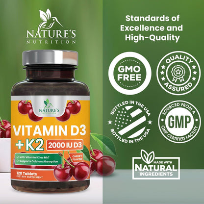 Vitamin D 2000 IE + K2 (MK7) Komplex – 120 Kautabletten für Knochen, Zähne, Muskeln, Kalziumaufnahme, Immunsystem & Herzgesundheit
