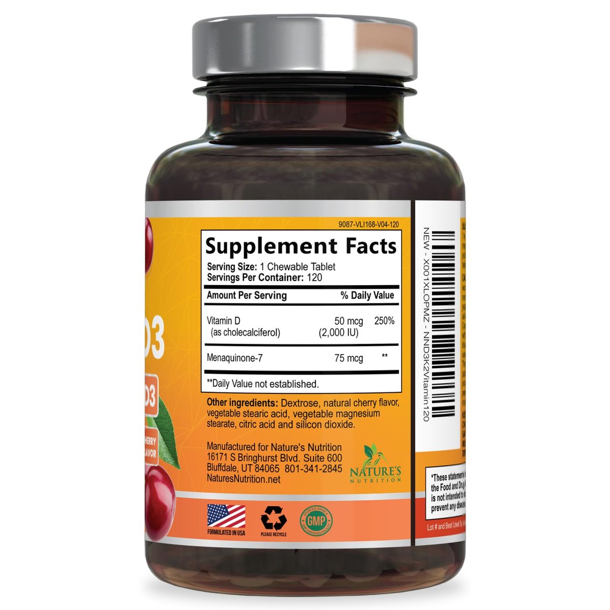 Vitamin D 2000 IE + K2 (MK7) Komplex – 120 Kautabletten für Knochen, Zähne, Muskeln, Kalziumaufnahme, Immunsystem & Herzgesundheit