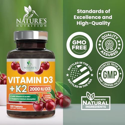Vitamin D 2000 IE + K2 (MK7) Komplex – 120 Kautabletten für Knochen, Zähne, Muskeln, Kalziumaufnahme, Immunsystem & Herzgesundheit