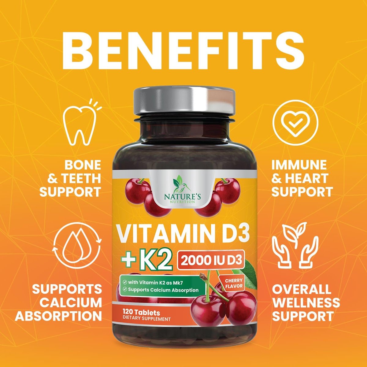 Vitamin D 2000 IE + K2 (MK7) Komplex – 120 Kautabletten für Knochen, Zähne, Muskeln, Kalziumaufnahme, Immunsystem & Herzgesundheit