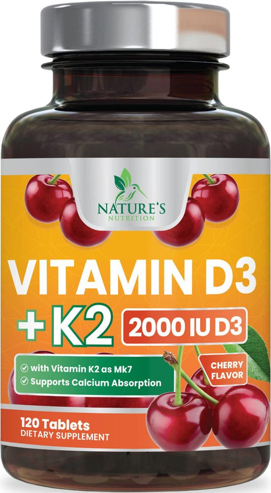 Vitamin D 2000 IE + K2 (MK7) Komplex – 120 Kautabletten für Knochen, Zähne, Muskeln, Kalziumaufnahme, Immunsystem & Herzgesundheit
