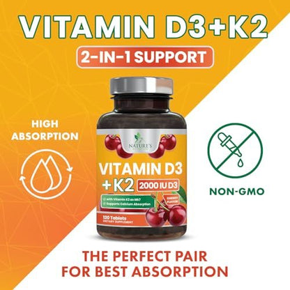 Vitamin D 2000 IE + K2 (MK7) Komplex – 120 Kautabletten für Knochen, Zähne, Muskeln, Kalziumaufnahme, Immunsystem & Herzgesundheit