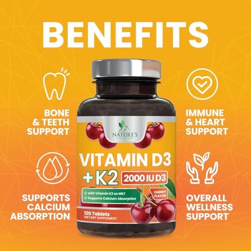 Vitamin D 2000 IE + K2 (MK7) Komplex – 120 Kautabletten für Knochen, Zähne, Muskeln, Kalziumaufnahme, Immunsystem & Herzgesundheit