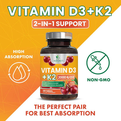 Vitamin D 2000 IE + K2 (MK7) Komplex – 120 Kautabletten für Knochen, Zähne, Muskeln, Kalziumaufnahme, Immunsystem & Herzgesundheit