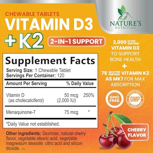 Vitamin D 2000 IE + K2 (MK7) Komplex – 120 Kautabletten für Knochen, Zähne, Muskeln, Kalziumaufnahme, Immunsystem & Herzgesundheit