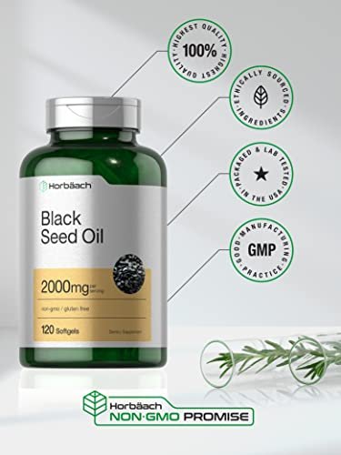 Horbaach Schwarzkümmelöl Kaltgepresst Weichkapseln | 2000mg | 120 Stück | Nahrungsergänzung mit Omega 6 und 9 | Nigella Sativa | Non-GMO und Glutenfrei