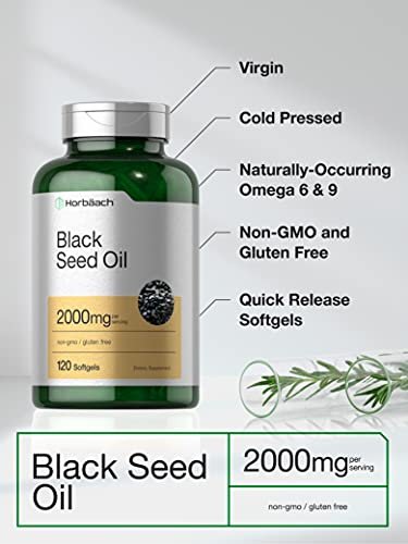 Horbaach Schwarzkümmelöl Kaltgepresst Weichkapseln | 2000mg | 120 Stück | Nahrungsergänzung mit Omega 6 und 9 | Nigella Sativa | Non-GMO und Glutenfrei