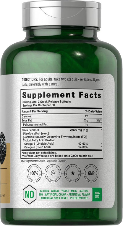 Horbaach Schwarzkümmelöl Kaltgepresst Weichkapseln | 2000mg | 120 Stück | Nahrungsergänzung mit Omega 6 und 9 | Nigella Sativa | Non-GMO und Glutenfrei
