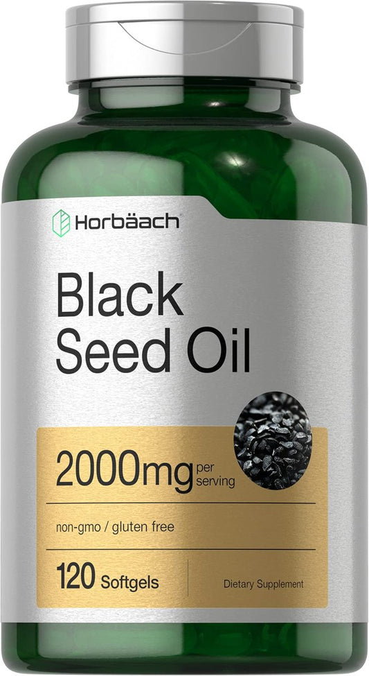 Horbaach Schwarzkümmelöl Kaltgepresst Weichkapseln | 2000mg | 120 Stück | Nahrungsergänzung mit Omega 6 und 9 | Nigella Sativa | Non-GMO und Glutenfrei