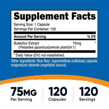 Nutricost Pestwurz-Extrakt Kapseln (75 mg) – 120 Kapseln, Glutenfrei, Nicht-GVO, Vegetariergeeignet