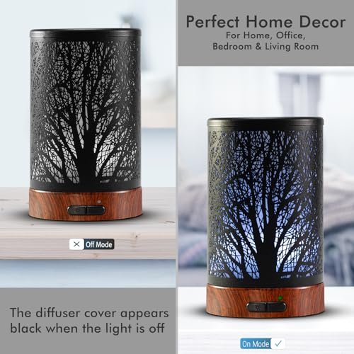 EQUSUPRO Aromatherapie Diffuser 150ml Schwarz Metalldiffuser Ultraschall Kaltnebel Diffuser mit automatischer Abschaltung, 7 Farben LED für Zuhause Büro SPA Yoga (A-Baum)
