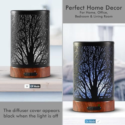EQUSUPRO Aromatherapie Diffuser 150ml Schwarz Metalldiffuser Ultraschall Kaltnebel Diffuser mit automatischer Abschaltung, 7 Farben LED für Zuhause Büro SPA Yoga (A-Baum)