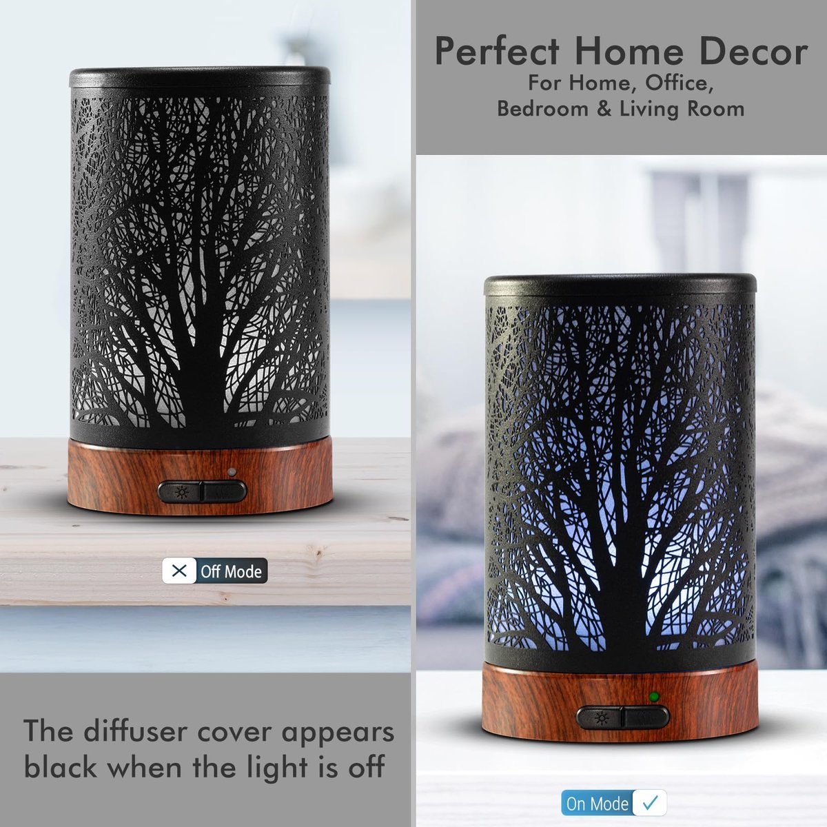 EQUSUPRO Aromatherapie Diffuser 150ml Schwarz Metalldiffuser Ultraschall Kaltnebel Diffuser mit automatischer Abschaltung, 7 Farben LED für Zuhause Büro SPA Yoga (A-Baum)