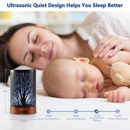 EQUSUPRO Aromatherapie Diffuser 150ml Schwarz Metalldiffuser Ultraschall Kaltnebel Diffuser mit automatischer Abschaltung, 7 Farben LED für Zuhause Büro SPA Yoga (A-Baum)