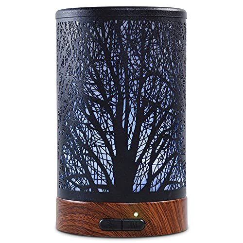 EQUSUPRO Aromatherapie Diffuser 150ml Schwarz Metalldiffuser Ultraschall Kaltnebel Diffuser mit automatischer Abschaltung, 7 Farben LED für Zuhause Büro SPA Yoga (A-Baum)