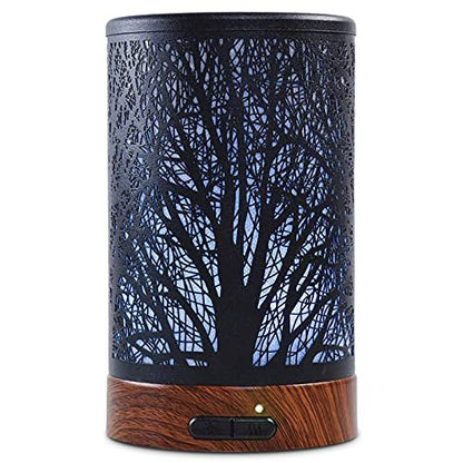 EQUSUPRO Aromatherapie Diffuser 150ml Schwarz Metalldiffuser Ultraschall Kaltnebel Diffuser mit automatischer Abschaltung, 7 Farben LED für Zuhause Büro SPA Yoga (A-Baum)