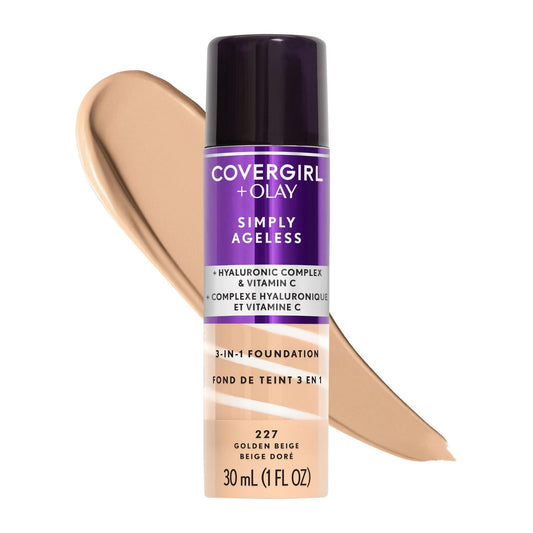 COVERGIRL & Olay Simply Ageless 3-in-1 Flüssig-Foundation, mattes Finish, Hyaluronsäure & Vitamin C, 227 Golden Beige, 30 ml