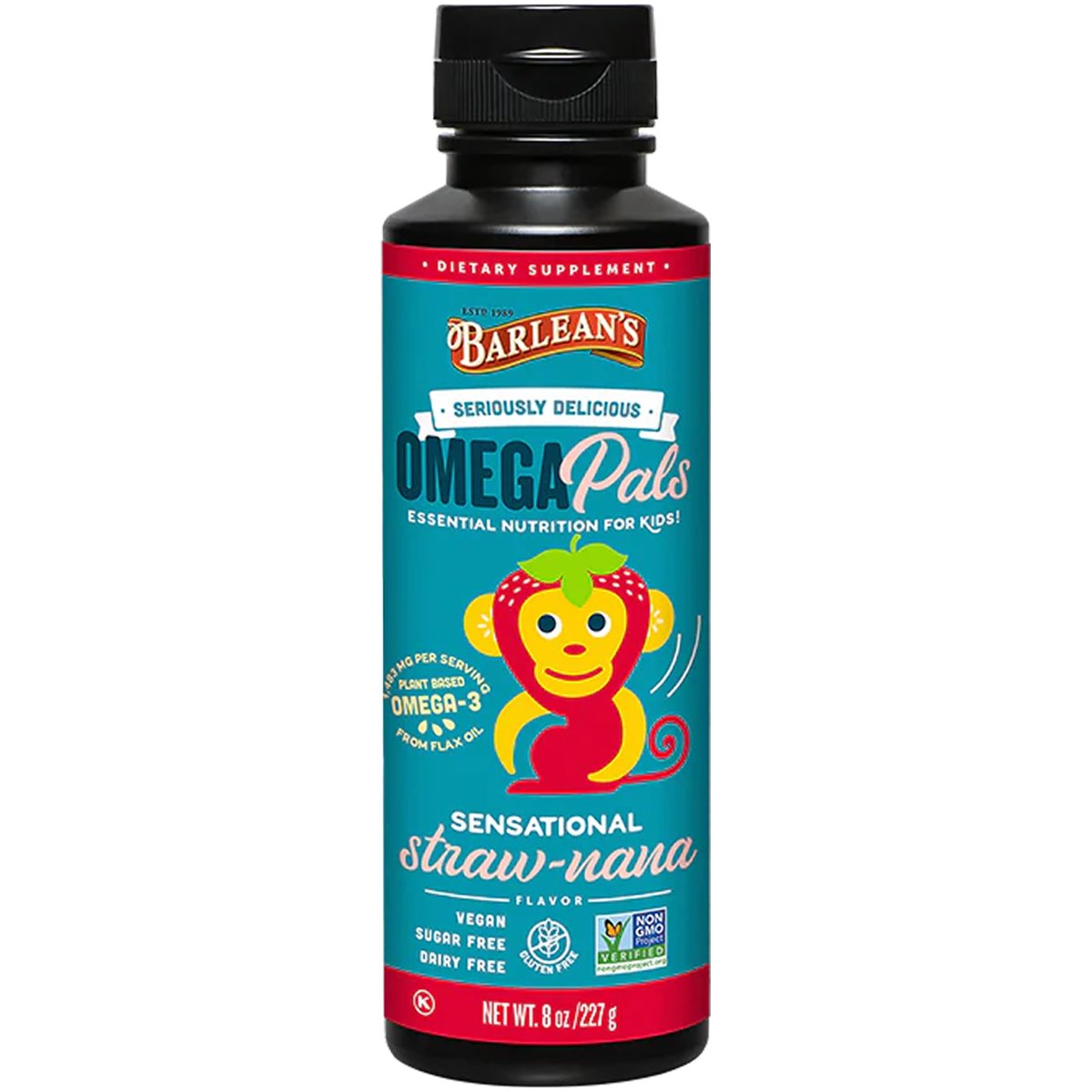 Barlean's Omega Pals Sensational Straw-Nana Omega-3 für Kinder – Leckeres flüssiges Fischöl für Gehirn und Augen, 3600 mg ALA, vegan, nicht-GVO, 237 ml
