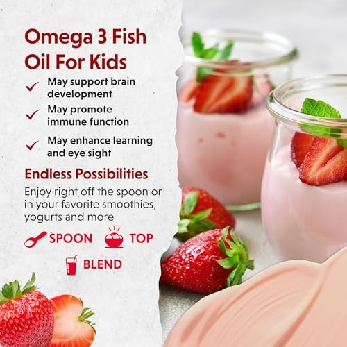Barlean's Omega Pals Sensational Straw-Nana Omega-3 für Kinder – Leckeres flüssiges Fischöl für Gehirn und Augen, 3600 mg ALA, vegan, nicht-GVO, 237 ml