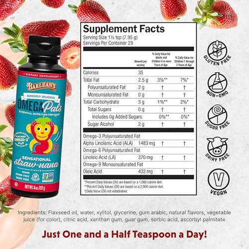 Barlean's Omega Pals Sensational Straw-Nana Omega-3 für Kinder – Leckeres flüssiges Fischöl für Gehirn und Augen, 3600 mg ALA, vegan, nicht-GVO, 237 ml