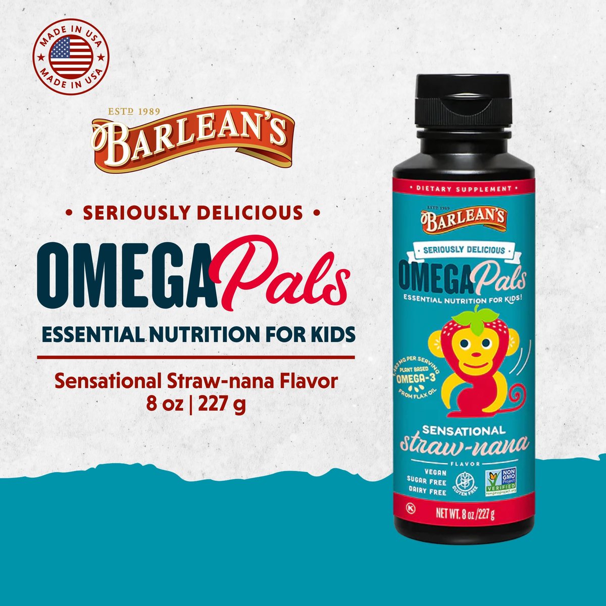Barlean's Omega Pals Sensational Straw-Nana Omega-3 für Kinder – Leckeres flüssiges Fischöl für Gehirn und Augen, 3600 mg ALA, vegan, nicht-GVO, 237 ml