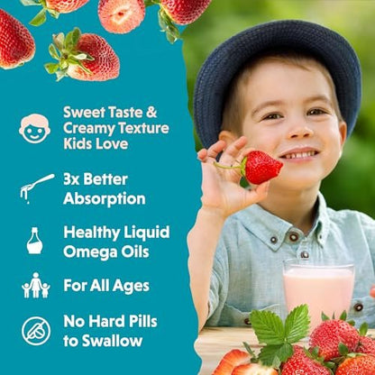 Barlean's Omega Pals Sensational Straw-Nana Omega-3 für Kinder – Leckeres flüssiges Fischöl für Gehirn und Augen, 3600 mg ALA, vegan, nicht-GVO, 237 ml