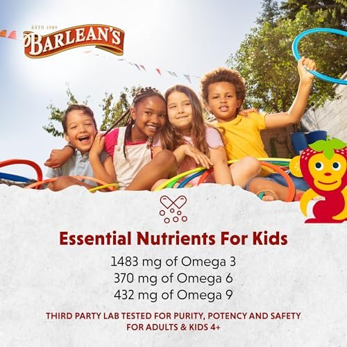 Barlean's Omega Pals Sensational Straw-Nana Omega-3 für Kinder – Leckeres flüssiges Fischöl für Gehirn und Augen, 3600 mg ALA, vegan, nicht-GVO, 237 ml