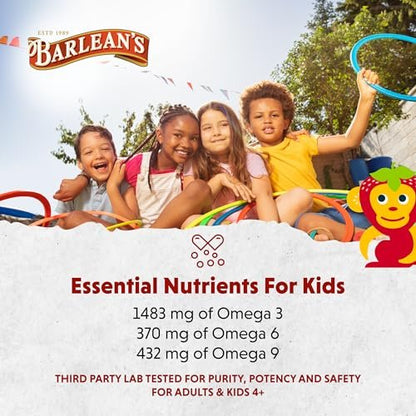 Barlean's Omega Pals Sensational Straw-Nana Omega-3 für Kinder – Leckeres flüssiges Fischöl für Gehirn und Augen, 3600 mg ALA, vegan, nicht-GVO, 237 ml
