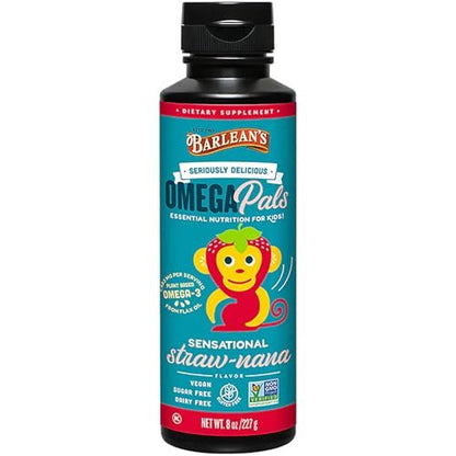 Barlean's Omega Pals Sensational Straw-Nana Omega-3 für Kinder – Leckeres flüssiges Fischöl für Gehirn und Augen, 3600 mg ALA, vegan, nicht-GVO, 237 ml