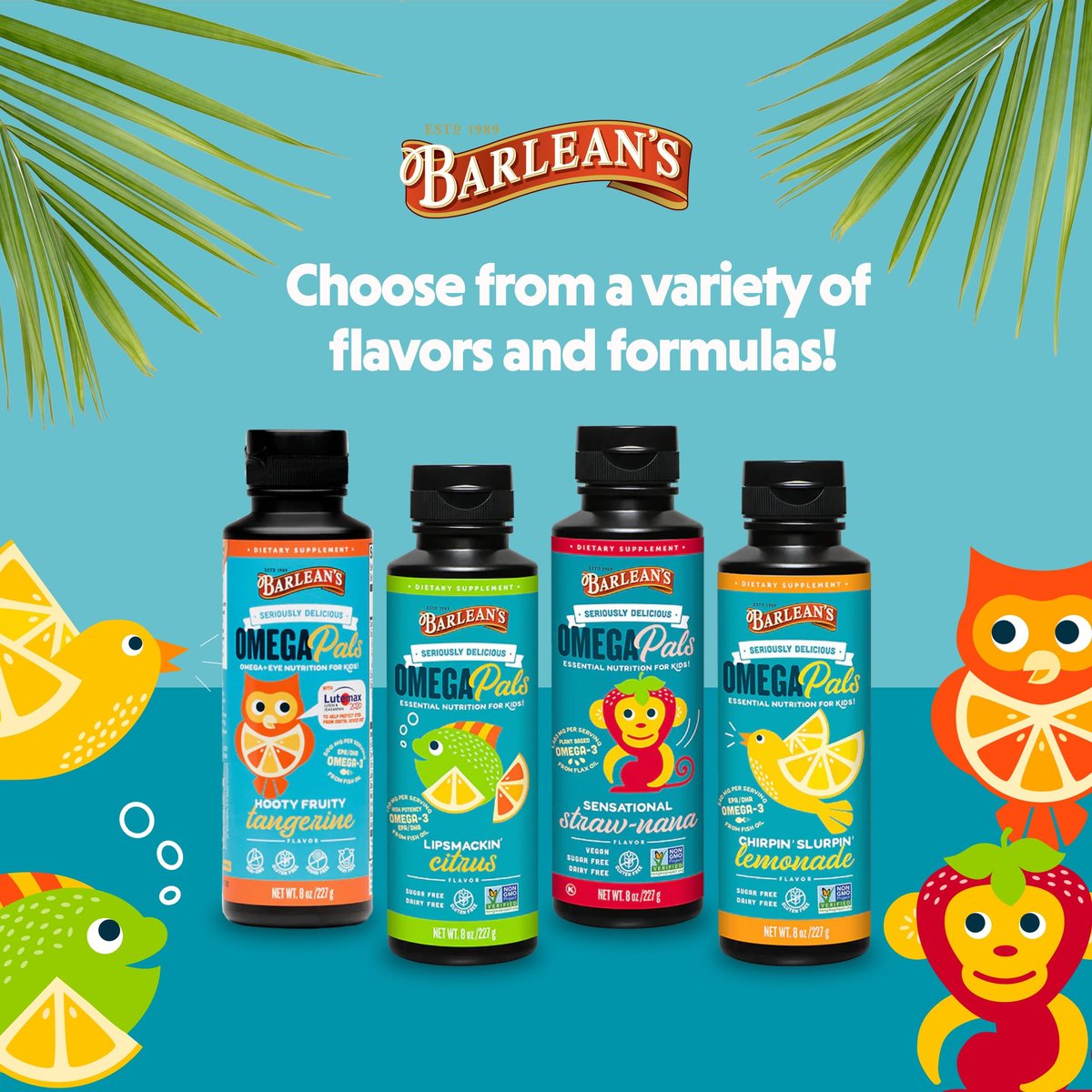 Barlean's Omega Pals Sensational Straw-Nana Omega-3 für Kinder – Leckeres flüssiges Fischöl für Gehirn und Augen, 3600 mg ALA, vegan, nicht-GVO, 237 ml