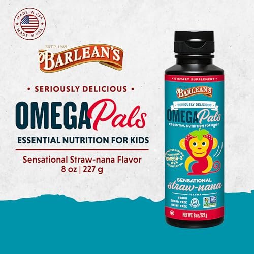 Barlean's Omega Pals Sensational Straw-Nana Omega-3 für Kinder – Leckeres flüssiges Fischöl für Gehirn und Augen, 3600 mg ALA, vegan, nicht-GVO, 237 ml