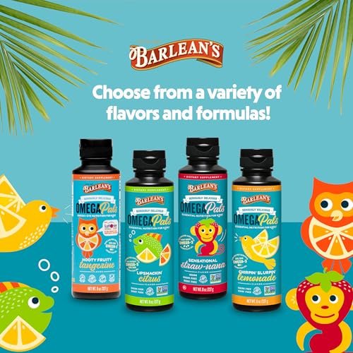 Barlean's Omega Pals Sensational Straw-Nana Omega-3 für Kinder – Leckeres flüssiges Fischöl für Gehirn und Augen, 3600 mg ALA, vegan, nicht-GVO, 237 ml