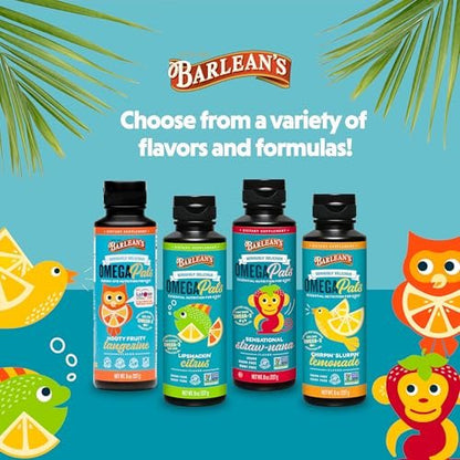 Barlean's Omega Pals Sensational Straw-Nana Omega-3 für Kinder – Leckeres flüssiges Fischöl für Gehirn und Augen, 3600 mg ALA, vegan, nicht-GVO, 237 ml